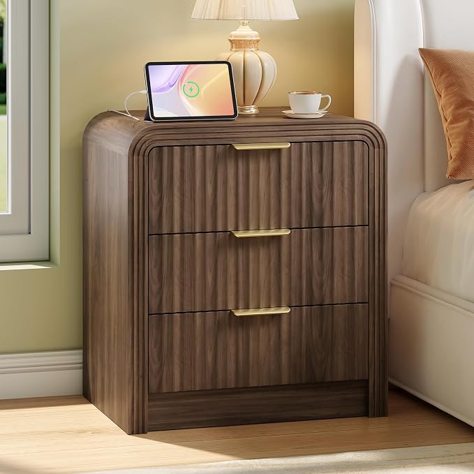 Decofy Fluted Nightstand with Charging Station, Modern Bedroom Side Table with Gold Handles, Curved Profile Design, End Table Wood Organizer for Bedroom, 19.7" & 3 Drawers (2 Pack, Walnut) - Image 9