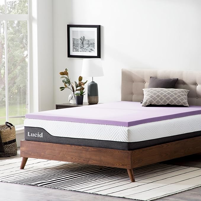 Lucid 2 Inch Lavender Memory Foam Mattress Topper, Full Size – Essential Oil Infusion – Plush Feel, Pressure-Relieving Bed Topper – Ventilated and Breathable – CertiPur Certified