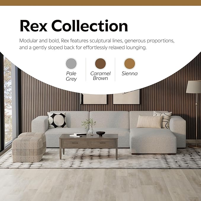 SIMPLIHOME Rex Right Chaise Sofa Module in 100% Recycled Polyester Tightly Woven Performance Fabric, Pale Grey, 44-inches W x 69.5-inches D, Handcrafted Modern-Style Right-Arm Chaise Lounge Chair
