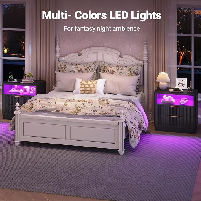 ELYKEN 24" Black Nightstand with Charging Station and LED Lights, Fluted Night Stands with 2 Drawers and Open Shelves, Wood LED Bedside Table with 3 Drawers USB for Bedroom - Image 8