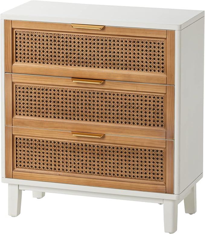 COZAYH Farmhouse 3-Drawer Nightstand, Rattan Cane Front Accent Dresser with Brass Pull, Distressed White - Image 8