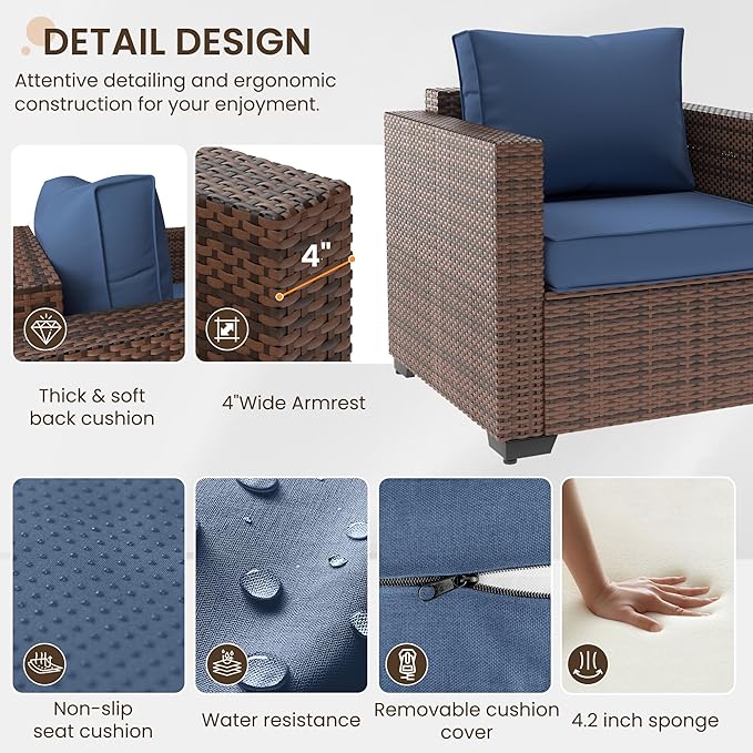 Patio Furniture Set with Fire Pit Table, 5 Pieces Outdoor Furniture Sets, Wicker Patio Conversation Sets w/Waterproof Covers for Backyard, Porch, Balcony, Poolside(Navy Blue)