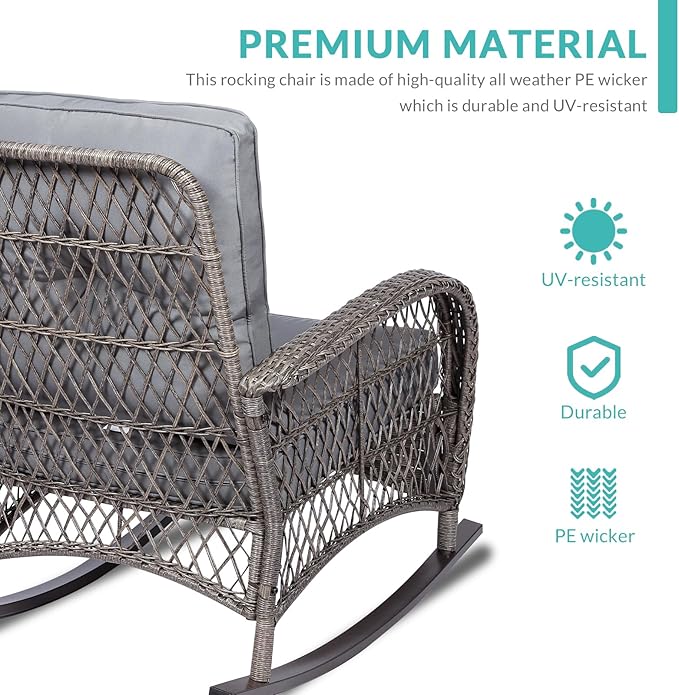 MEETWARM 4 Pcs Outdoor Patio Set with Glider Loveseat, Glass-Top Coffee Table, Thickened Cushions, Gray