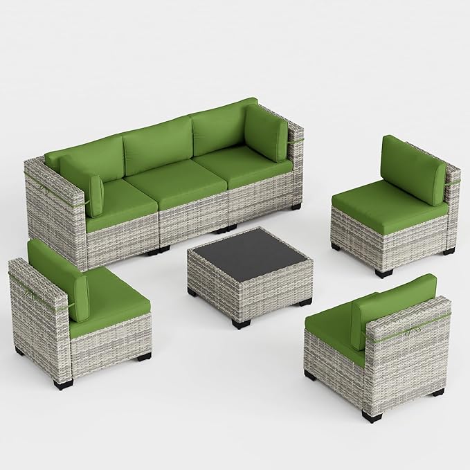 7-Piece Outdoor Patio Furniture Set, PE Wicker Rattan Sectional Sofa Conversation Set with Tempered Glass Table & Thick Cushions - All-Weather Garden, Backyard Furniture, Avocado Green