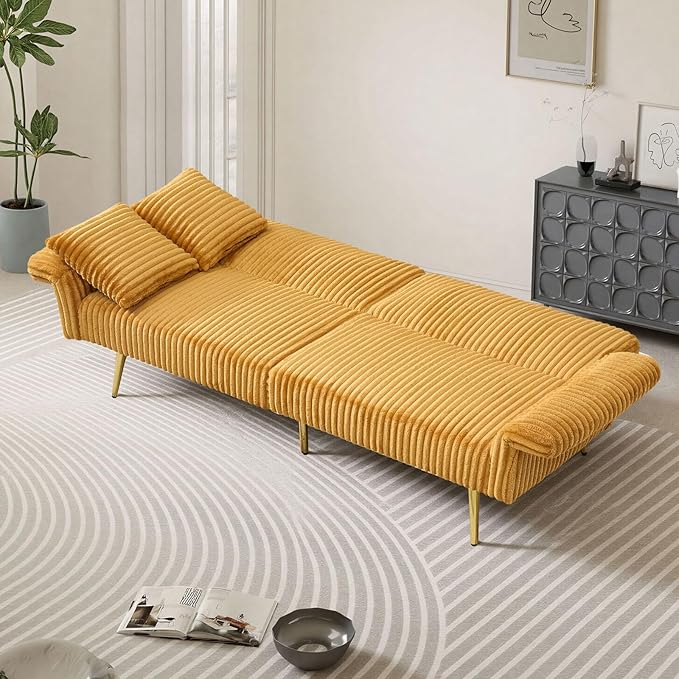 Rovibek Futon Loveseat Sofa Bed, Modern Corduroy Futon Couch with Adjustable Backrest, 2 Pillows, Convertible Futon Sofa for Small Spaces Living Room, Apartment, Guest Room, Yellow