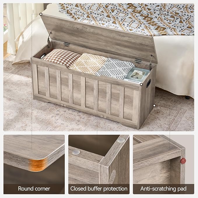 VANKILEY 43.3" Storage Chest Extra Large,Storage Trunk with 2 Safety Hinges,Wooden Storage Bench,Shoe Bench,43.3x15.7x19.1 Inch,Easy Assembly,Storage Bench for Bedroom,Living Room,entryway(Greige). - Image 6