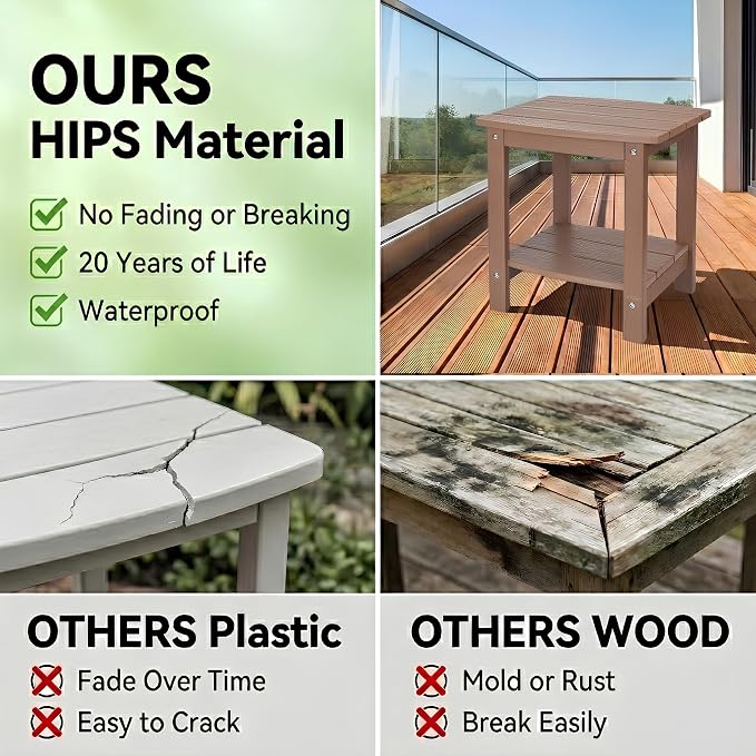 Y&M Outdoor Side Table, HIPS Adirondack Small Double Layer Table, Waterproof Square Outside Table, Balcony Modern End Tables for Patio, Pool, Beach, Porch, Deck, Indoor or Outdoor Use, Brown - Image 7