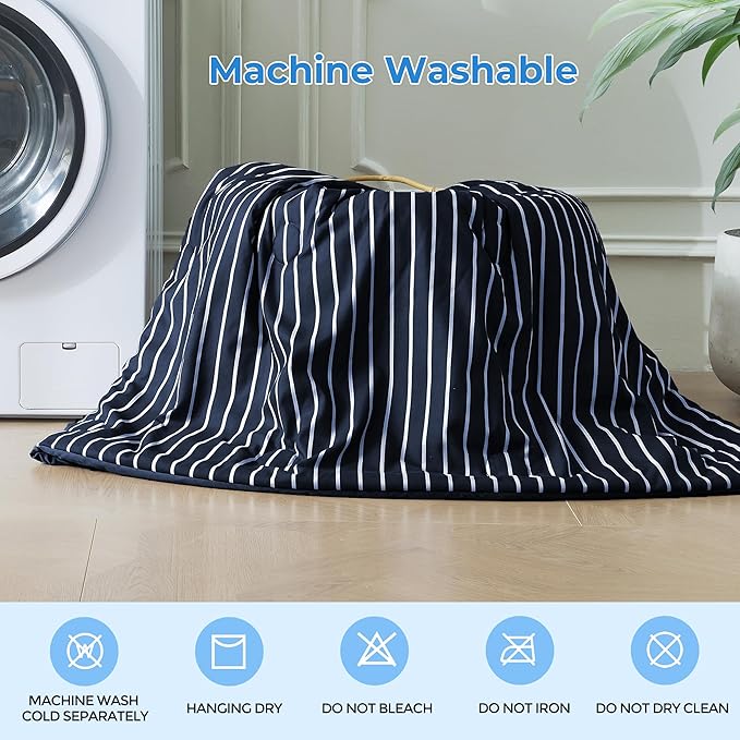 Pinstripe Cooling Comforter Twin Size, Q-Max 0.45 Reversible Striped Cooling Blanket for Hot Sleepers, Breathable Lightweight Silk Smooth Summer Bedding, Quilted Ice Blanket, Navy Blue