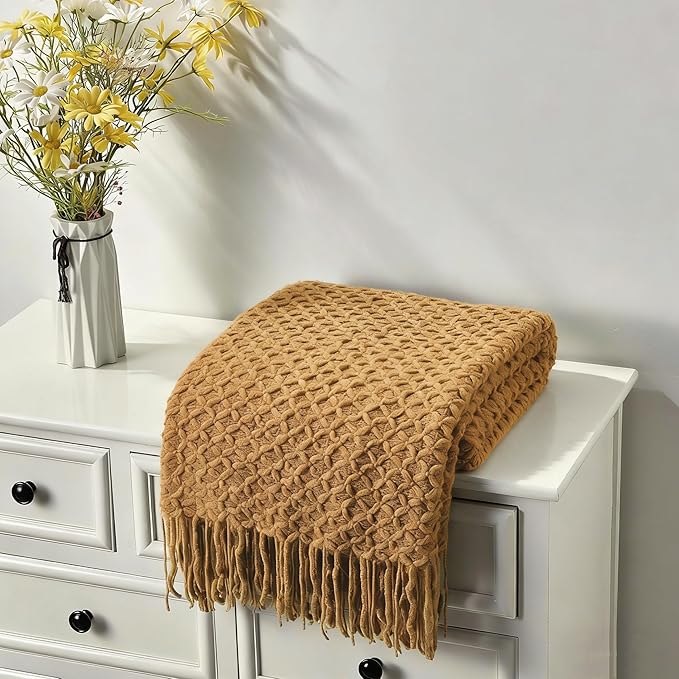 CREVENT Farmhouse Boho Knitted Throw Blanket for Couch Sofa Chair Bed Home Decoration, Soft Warm Cozy Light Weight for Spring Summer Fall (60''X80'' Light Brown)
