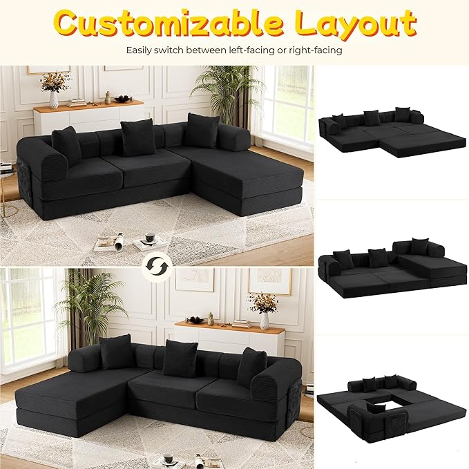 106.3" L Shape Convertible Sleeper Sofa Bed, Oversized Modular Sectional Cloud Sofa with Fixed-Shape Frame & Storage Pocket, Boneless Couch for Living Room, No Assembly Required, Black