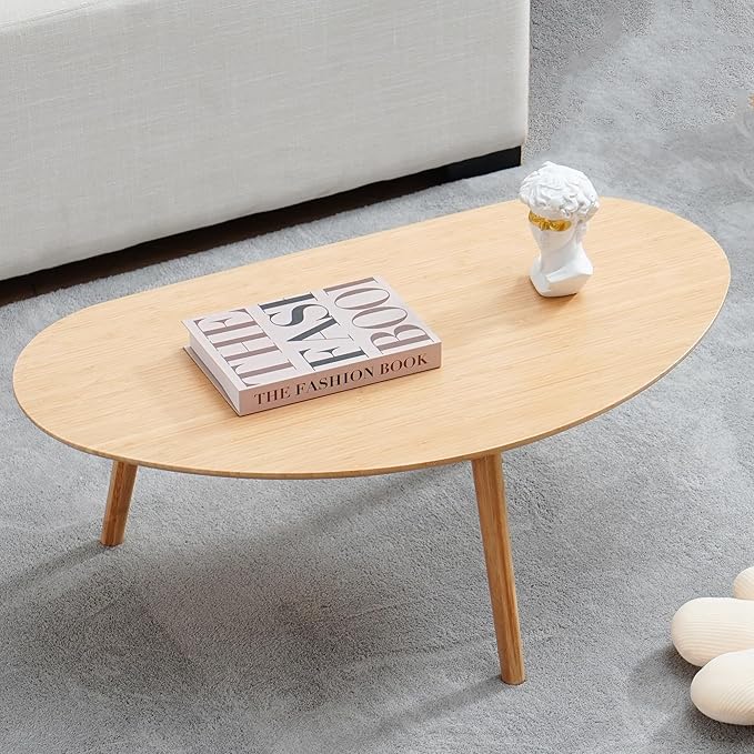 Small Oval Coffee Table Mid Century Modern for Living Room, Center Table,Solid Wood Coffee Table,Nature Wood (Nature Wood,18.9" D x 33.85" W 12.4" H)