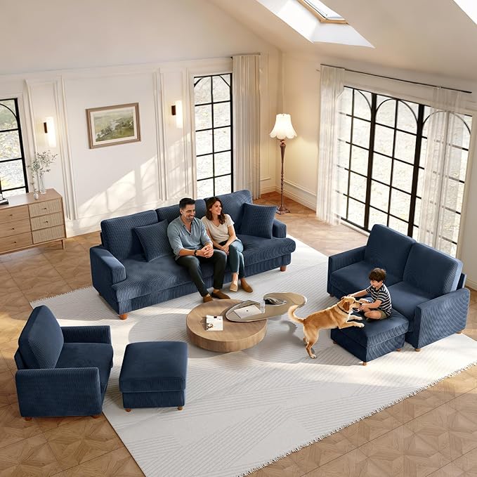 35.3" Couches for Living Room, Comfy Blue Couch Single with 22.5" Deeper Seat, Accent Chair Tool-Free Setup, Reading Chair 440lbs Support, Corduroy Couch for Bedroom, Apartment, Office