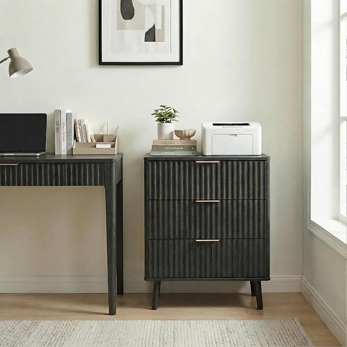 Nightstands Set of 2 Tall Night Stand with 3 Drawers 23.6" Wide, Fluted Wood Bedroom Bed Side Table Living Room End Table with Storage, Mid-Century Modern Black Nightstand Wooden Bedside Table, 2 Pcs - Image 7