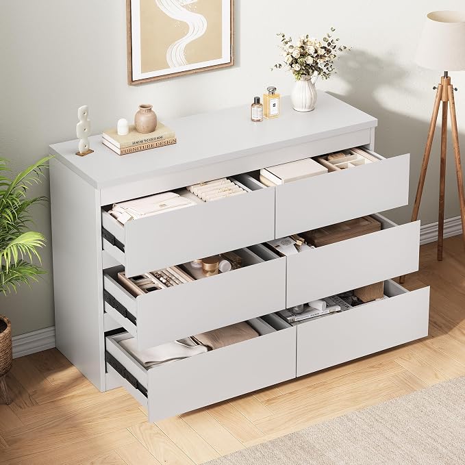 Jocoevol White 6 Drawer Dresser for Bedroom, 15.3" D x 47.2" W x 32.3" H in Simply Modern Chest of Drawers, Wood Storage Double Dresser with Deep Drawers for Living Room, Hallway Entryway, White - Image 8