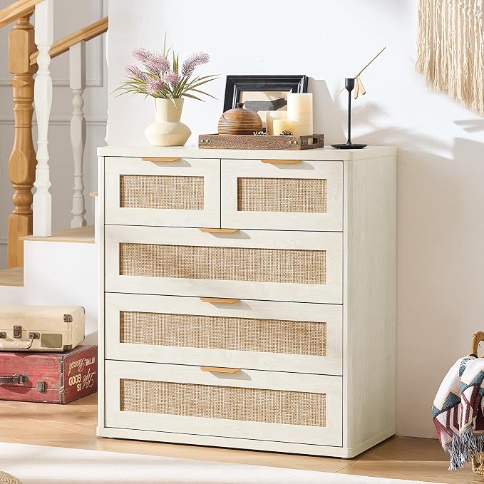 LEYAOYAO White Dresser for Bedroom, 33.5" Tall Chest of Drawers, Modern 5 Drawers Boho Rattan Dressers with Storage, Dresser Wooden Closet Organizer for Living Room, Hallway - Image 9