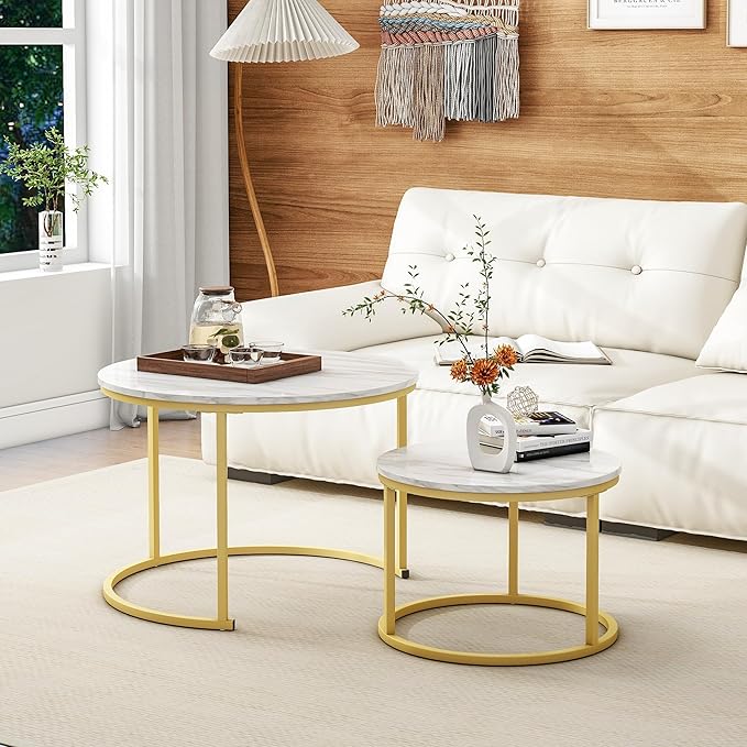 HOJINLINERO Round Coffee Table,Nesting Coffee Table Set of 2,Center Tables for Living Room,Office, Home Small Space,Stacking Side Tables,Sturdy and Easy Assembly,Wood Desktop,Golden+White,Large