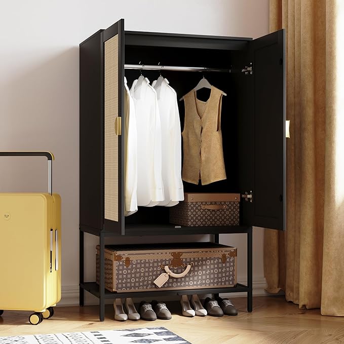 Bedroom Armoire,Wooden Rattan Armoires Metal Frame with Large Storage Space & Elegant Handle 2 Doors for Bedroom(Black)