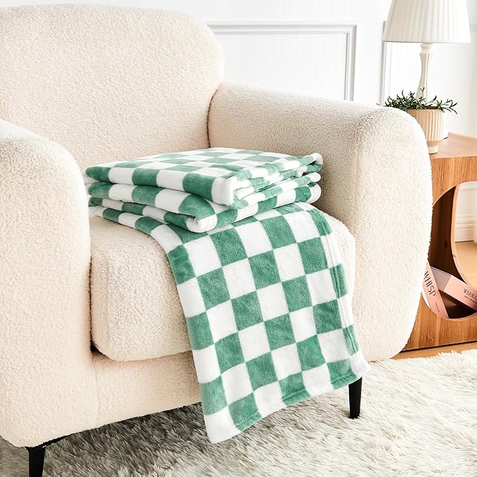 Edenleaf Green Checkered Blanket, Ultra Soft Cozy Flannel - Checkered Grid Print Throws for Bed Sofa Couch, Luxury Throw Blanket for All Seasons, 50x60 Inch, Jade Green