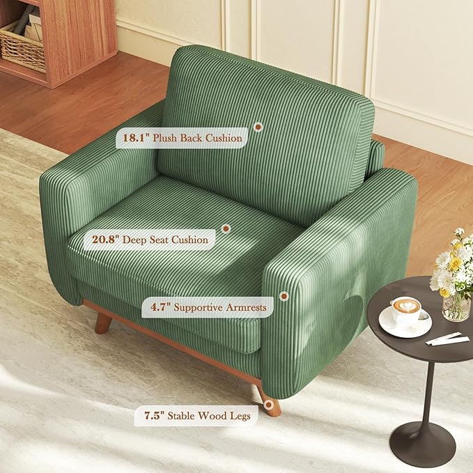 38.5" Green Corduroy Accent Chair, Comfy Deep Seat Armchair with Spring Cushion, Modern Reading Sofa for Living Room Bedroom