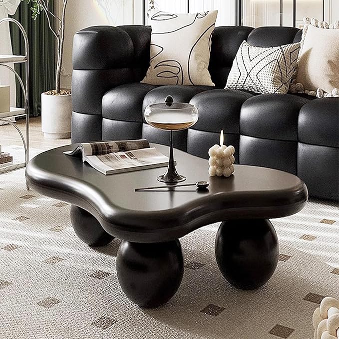 Modern Wooden Coffee Table Cloud Coffee Table Central Living Room Low Table Irregular Indoor End Table Black Coffee Tables with 3 Oval Ball Legs for Living Room Bedroom (Black Oval Leg B 47.2 inch)