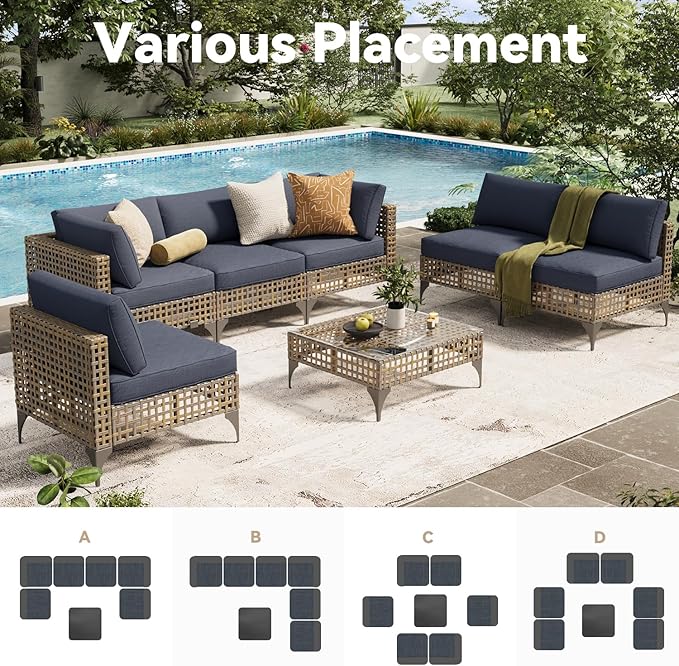 U-MAX 7-Piece Patio Furniture Set with Tea Table, Boho Outdoor Furniture Set Sectional Sofa Wicker Conversation Set with Dark Brown Rattan&Dark Grey