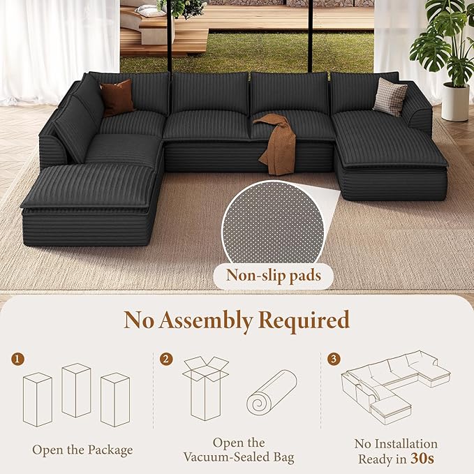Vesgantti 141.7" U Shaped Sectional Boneless Couch, Modern 6 Seater Modular Sofa with Chaise & Ottoman, Deep Seat Plush Corduroy Cloud Couches for Living Room, No Assembly Required, Dark Gray
