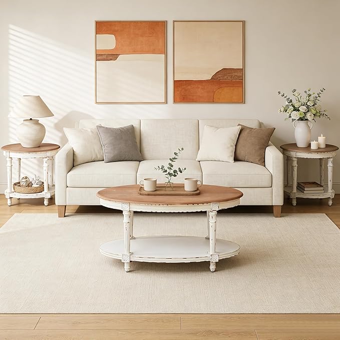 BERRYMERRY 39" French Country Two Tone Oval Coffee Table,Chipped White Vintage 2 Tier Center Table with Storage for Living Room Office,Tool-Free Assembly (White)