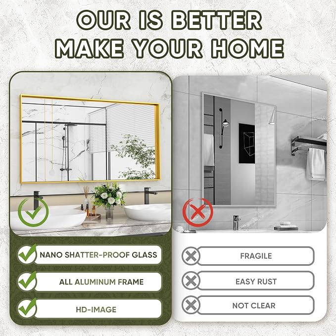 Suidia Bathroom Mirror, 60" x 30" Wall Mirror Metal Framed, Bathroom Vanity Mirror for Living Room Bedroom Bathroom Entryway, Gold, Rect Corner Style - Image 8