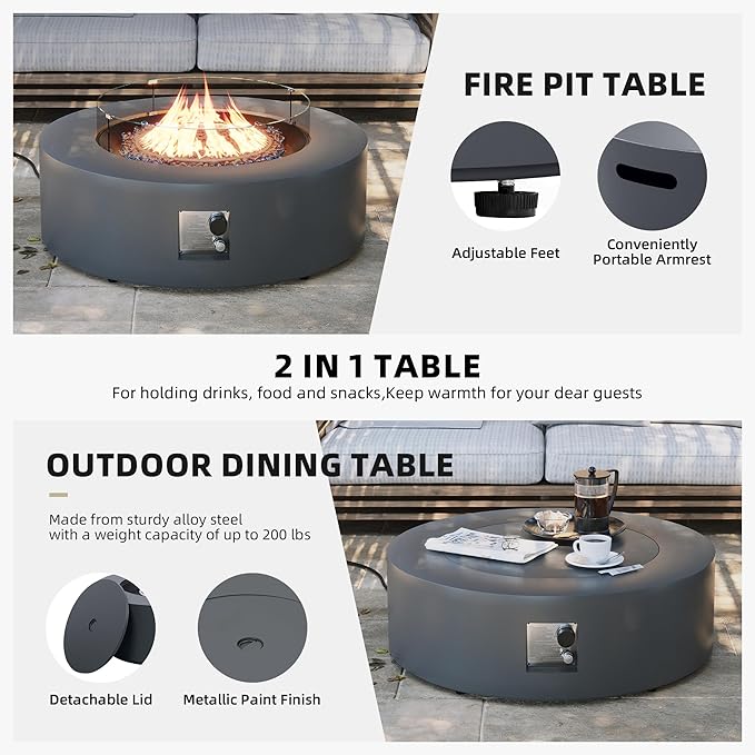 UPHA 9 Pieces Patio Furniture Sets, Wicker Outdoor Sectional Sofa Couch with Round Propane Pit for Deck Backyard Garden, Brown Rattan, Dark Gray Cushion