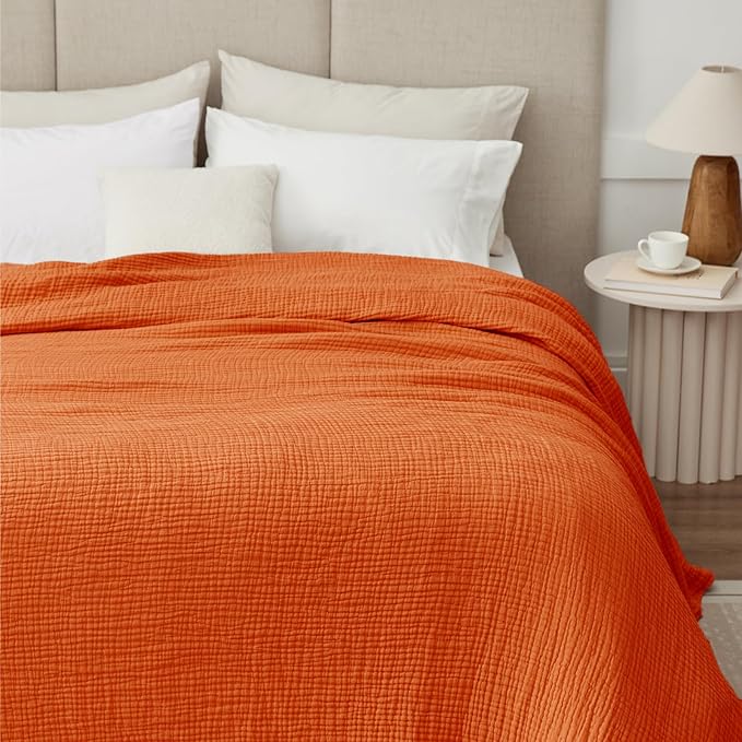 100% Cotton Muslin Blanket King 108" x 90", 6 Layers Breathable and Lightweight Cotton Throw Blankets for Bed, Soft Cooling Summer Gauze Blanket for Adults All Season, Orange