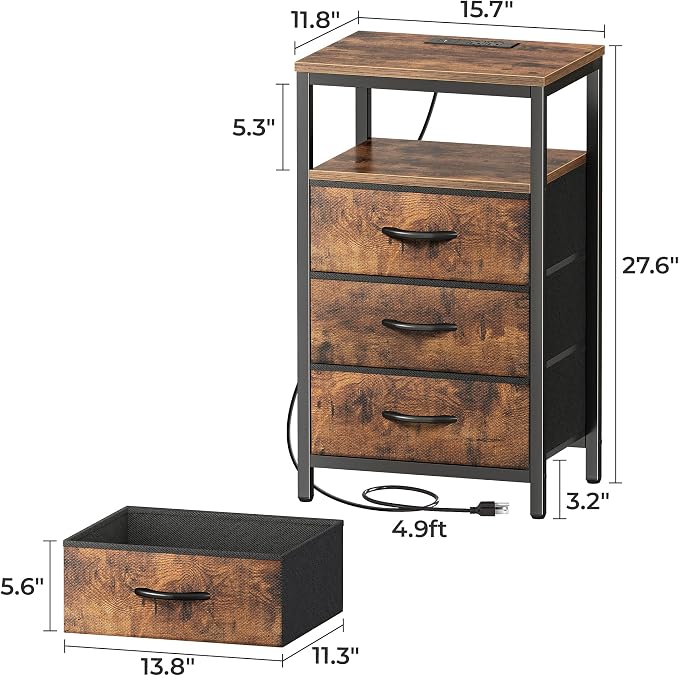 Huuger Nightstand with Charging Station, 27.6 Inch Bedside Table with Fabric Drawers, End Table with USB Ports and Outlets, Night Stand for Bedroom, Rustic Brown - Image 9