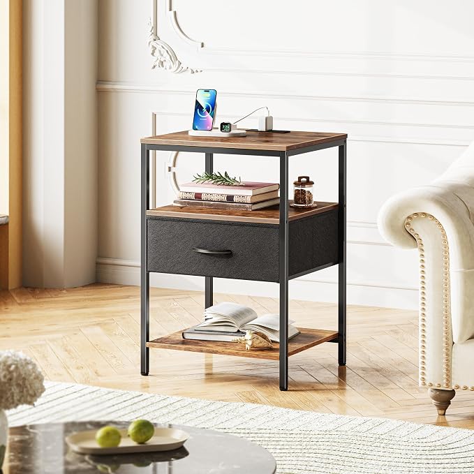 SUPERJARE Night Stand with Charger Station, 27.7 Inch Tall Nightstand with Adjustable Fabric Drawer, Bed Side Table, Fabric Drawer Dresser for Bedroom, Living Room, Rustic Brown and Black - Image 9