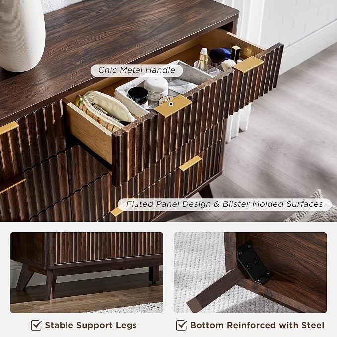 T4TREAM Fluted 8 Drawers Dresser, 54" Wide Modern Chest of Drawers, Curved Profile Design, Dresser TV Stand, Wood Drawer Organizer for Bedroom, Living Room, Hallway, Dark Walnut - Image 6