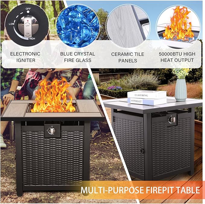WAROOM Patio Furniture Set 4 Piece Outdoor Wicker Conversation Sets PE Rattan Couch Sectional Sofa with 30" Fire Pit Table, Peacock Blue Cushion