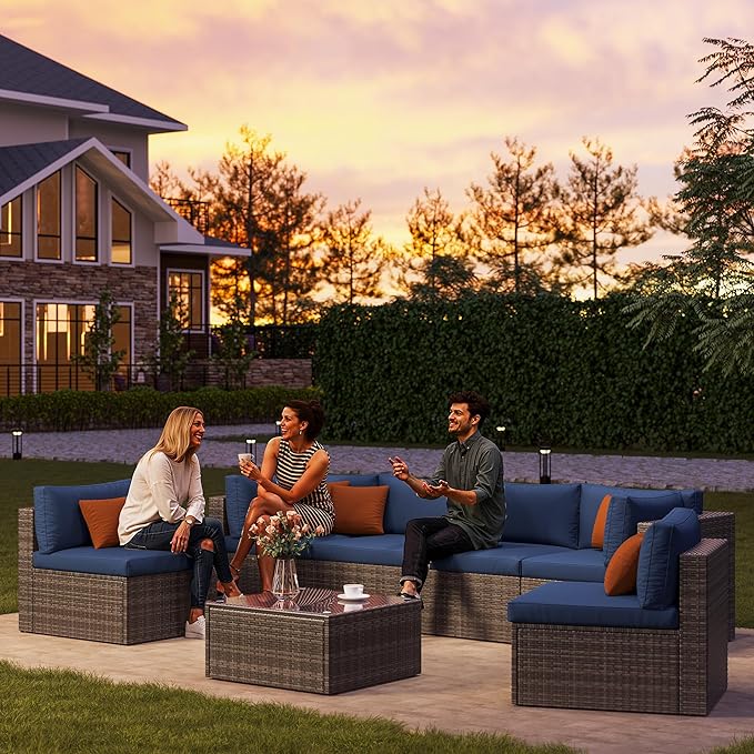 SUNVIVI OUTDOOR 7 Piece Patio Furniture Sets All Weather Gery PE Wicker Couch Sofa with Glass Table, Removable Navy Cushions