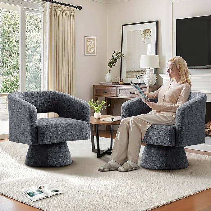 ClinQ Swivel Barrel Accent Chair, Oversized Teddy Upholstered Round Swivel Chairs Set of 1, Modern Luxury 360° Living Room Vanity Chair for Bedroom Office&Living Room, Grey