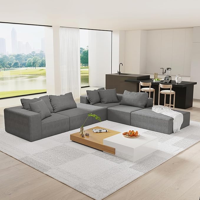 KEIKI Sectional Sofa Couch Set, Modular 132" L Shaped Couch Set with 6 Pillows, Free Combination Upholstered Sofa Couch for Living Room, Bedroom, Grey