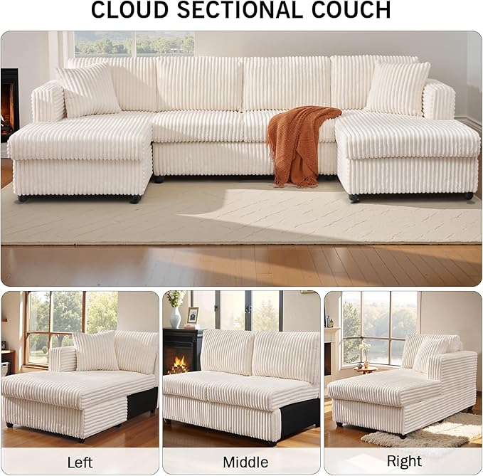 123" U-Shaped Modular sectional Sofa, Two L-Shape Chaise with 2 Cloud Couch sectional with Two Pillows, couches for Living Room (Beige)