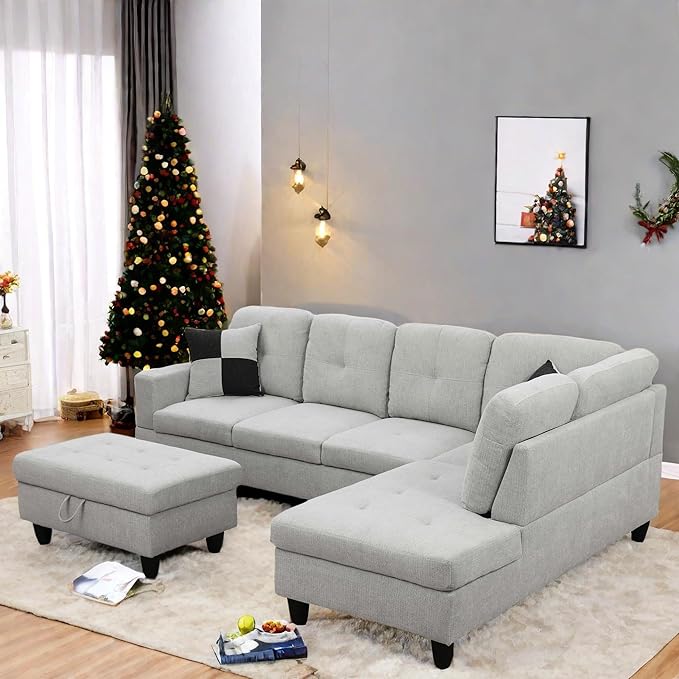 FONTOI L Shaped Sectional Couch with Otttoman, 103" Sectional Sofa for Living Room Flannel Modular Couches with Cup Holders for Bedroom, Apartments, Light Grey