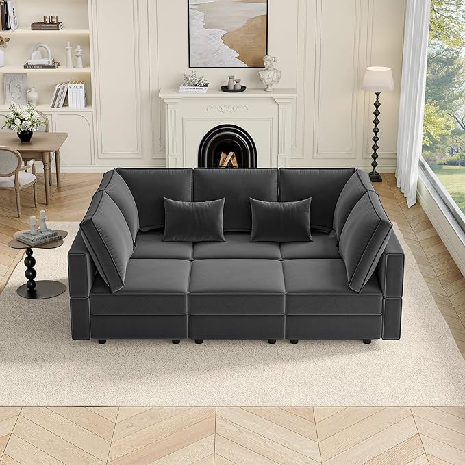 Vesgantti Sectional Sleeper Sofas with Storage, 92" Sofa Bed with 6 Seats Storage Chaises Removeble Cover, Deep Seat Modular Couches Velvet Couch Set for Living Room, Apartment, Home Theatre, Grey