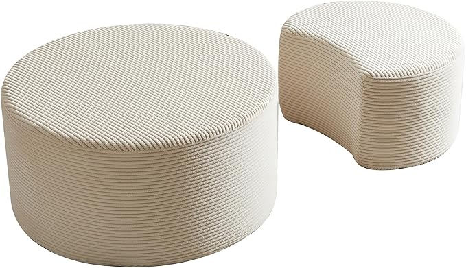 kevinplus 49.7'' Foam Round Nesting Coffee Table Set of 2, Modern Upholstered Side End Table Ottoman Footrest, No Assembly, Beige