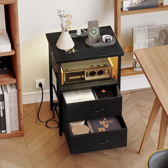 Fixwal Nightstand Set of 2 Night Stand with Charging Station, LED Nightstand with Fabric Drawers, End Table with PU Finish, Bed Side Table, Black - Image 7