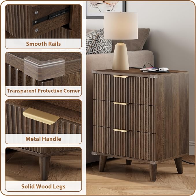 Lulive Wood Nightstand Set of 2 with Charging Station, 3 Drawers Fluted Design, Modern End Table for Bedroom Walnut - Image 7