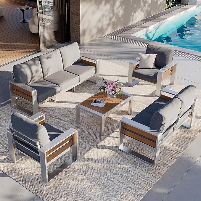 Aoxun Aluminum Patio Furniture Set, 7 Seats Luxury Metal Patio Conversation Sets with Coffee Table, Thick Cushions and Waterproof Cover, Modern Outdoor Furniture Set for Backyard/Poolside, Light Grey