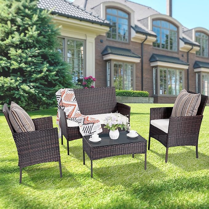 Patio Furniture Set 4 Pieces, Outdoor Rattan Furniture with Tempered Glass Coffee Table, Modern Rattan Patio Chairs Conversation Sets with Sofa for Garden, Terrace, Porch, Lawns Brown/Beige