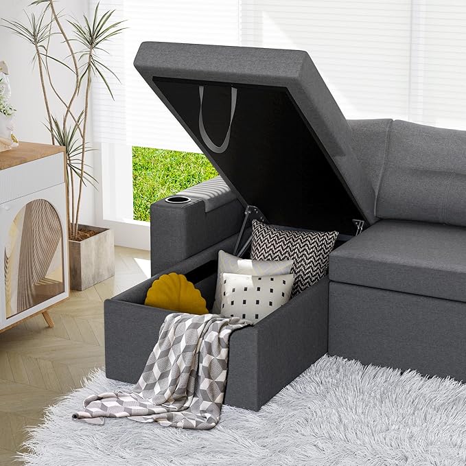 Pamapic 81" Sleeper Sofa with Armrest Storage,L-Shaped Sofa with Supportive Cushions,Cup Holders,Side Pockets,Pull Out Sleeper Sofa Bed,Pullout Sectional Sofa Couch with Large Storage,Gray