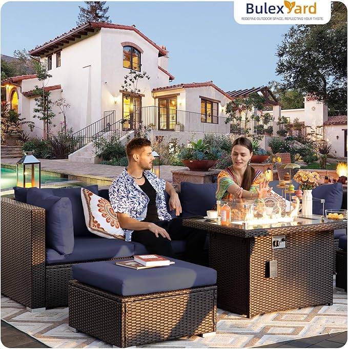 BULEXYARD 11 Piece High Back Wicker Patio Furniture Sets with Fire Pit, Luxury Plus Size Outdoor Seating Set, Comfortable Extra Wide Deep 10-Seater Sectional Couch Sofa for Outside, Brown & Navy Blue