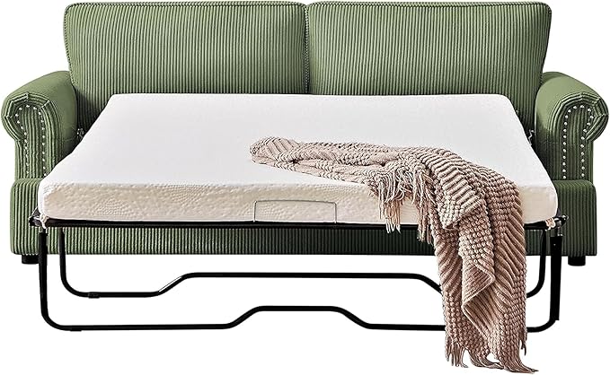 Reversible Sleeper Sofa Bed with Comfortable Memory Foam Mattress, Convertible Corduroy Full Size Pull Out Couch for Living Room, Space Saving Furniture, 76" Wide, Rounded Arms, Dark Green