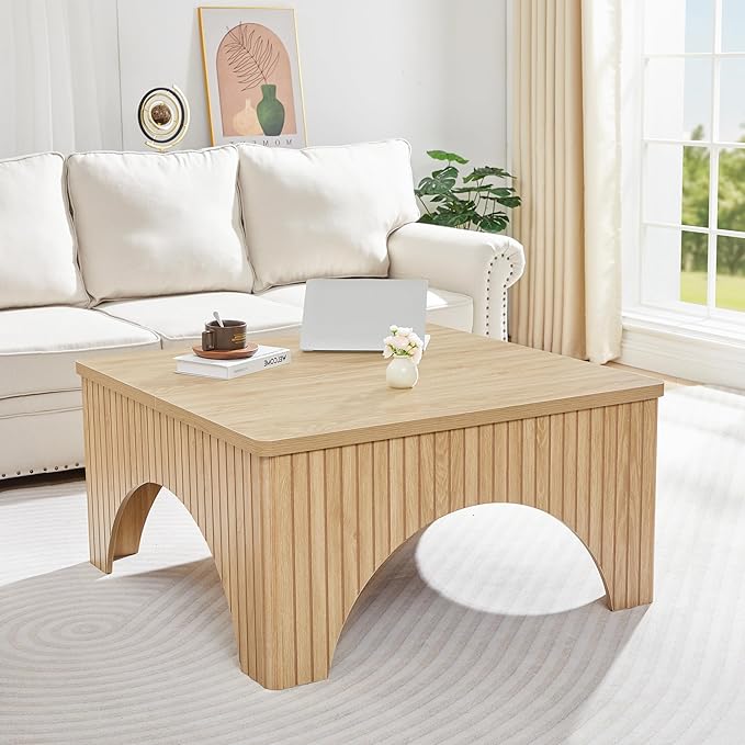 Square Coffee Table, 39'' Large Lift Top Coffee Table with Flip-Top Hidden Compartment Farmhouse Fluted Center Table Wooden Tea Table for Living Room, Apartment, Office (Natural)