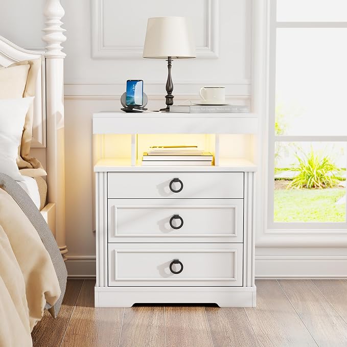 Gurexl Farmhouse Night Stand with Lockable Gun Drawer,LED Nightstand with Charging Station,Bedside Table with Human Sensor 3-Color Lights,End Table with 3 Drawers,Bedroom,White - Image 9